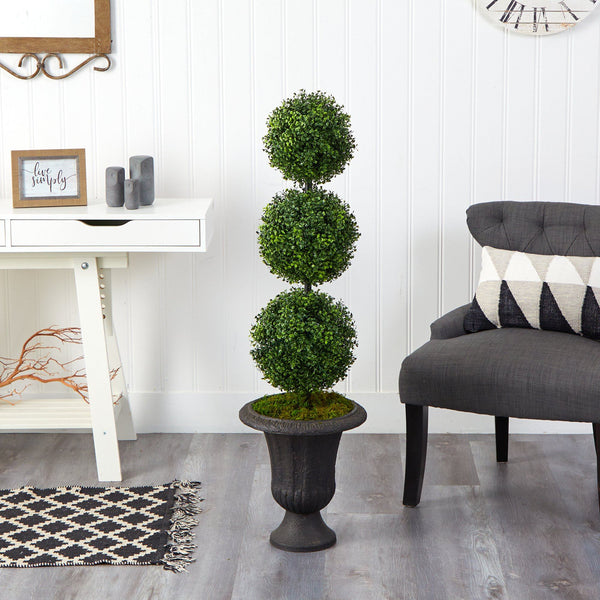 4’ Boxwood Triple Ball Topiary Artificial Tree in Charcoal Urn (Indoor/Outdoor)