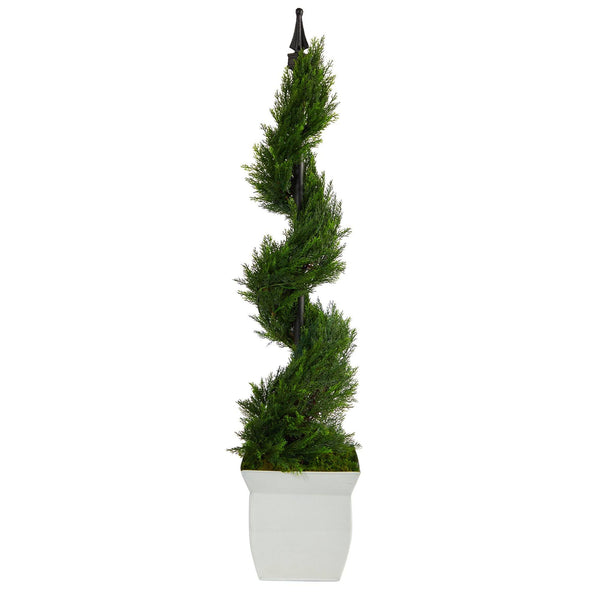 4’ Cypress Spiral Topiary Artificial Tree in White Metal Planter