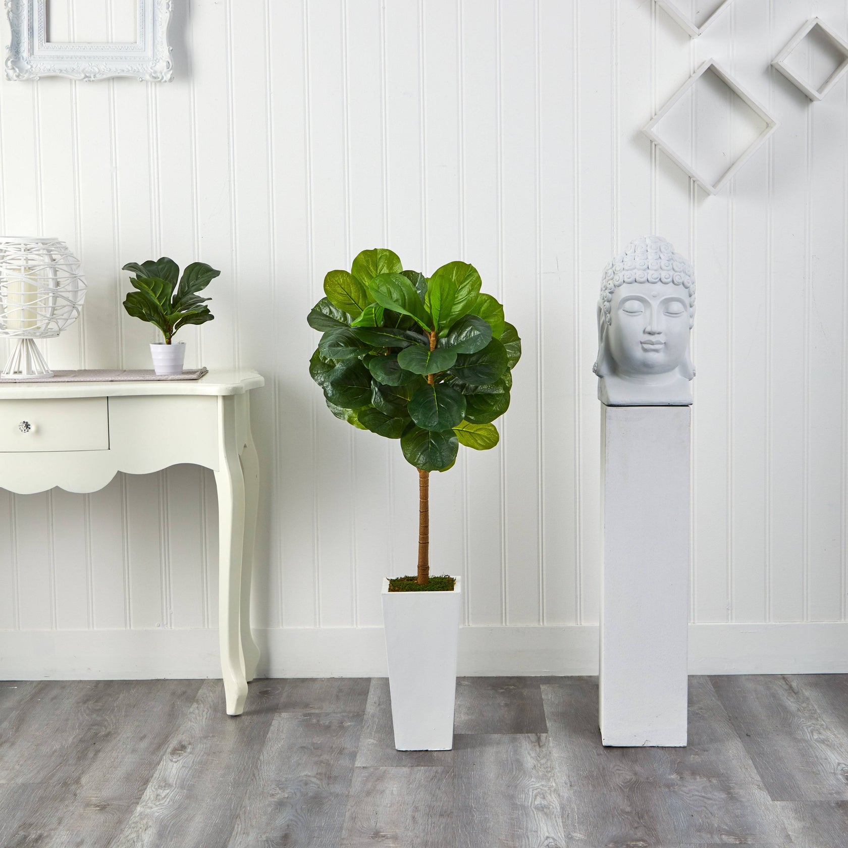 4’ Fiddle Leaf Artificial Tree in White Tower Planter | Nearly Natural