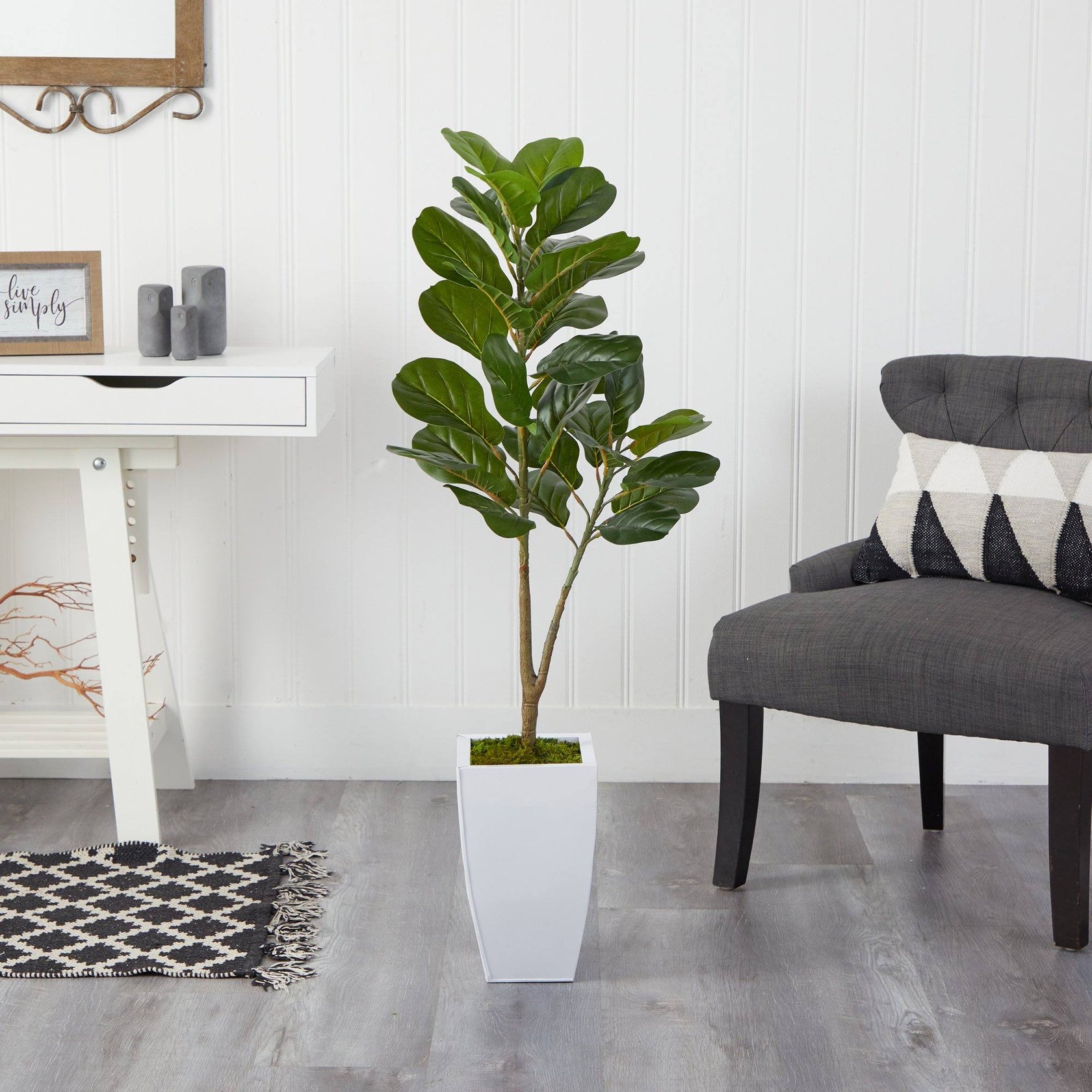 4’ Fiddle Leaf Fig Artificial Tree in White Metal Planter | Nearly Natural