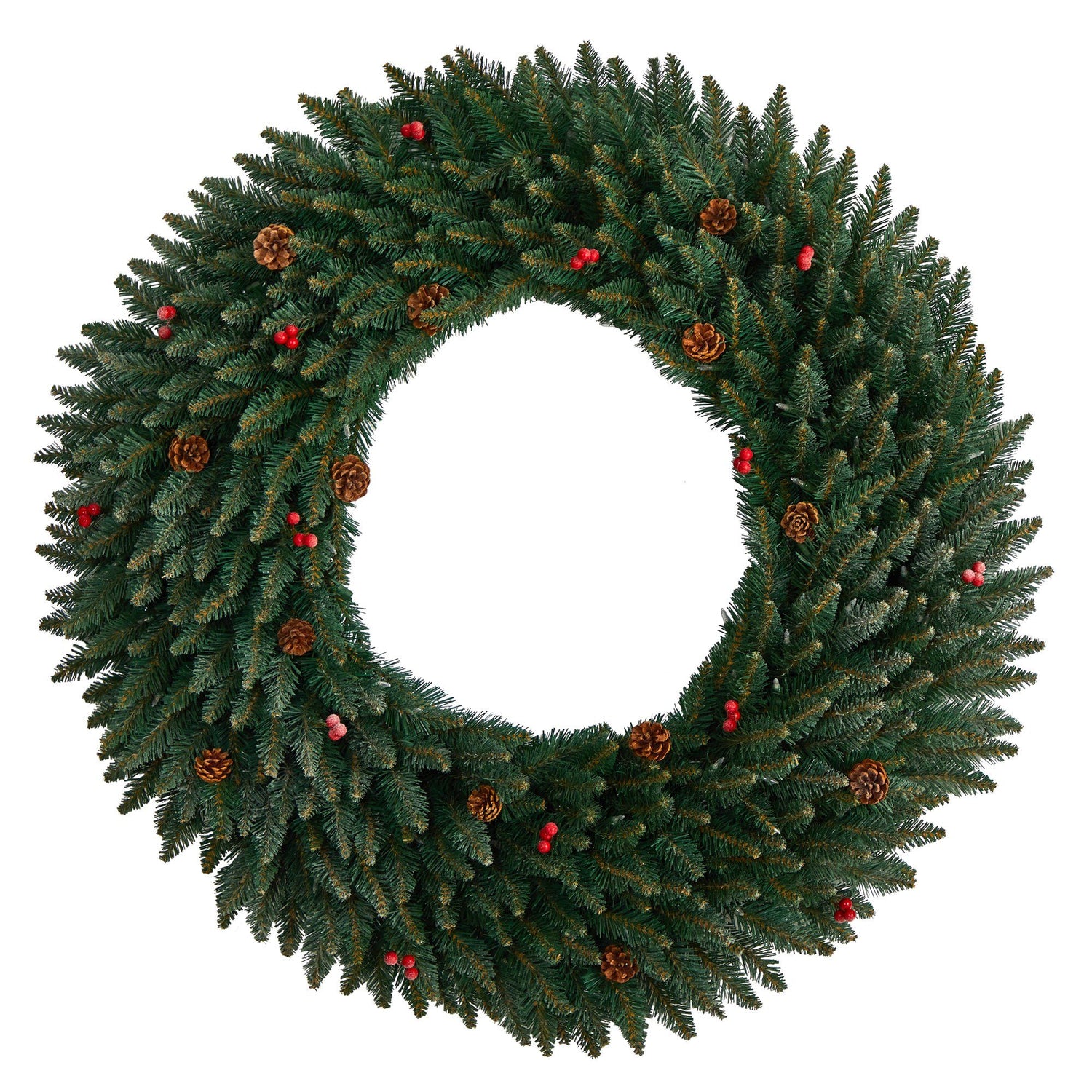 4’ Large Flocked Wreath with Pinecones, Berries, 150 Clear LED Lights and 400 Bendable Branches