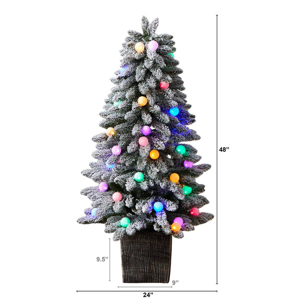 4' Winter Flocked Pre-Lit Tree with 40 LED Globe Lights, 259 Branches in Decorative Planter