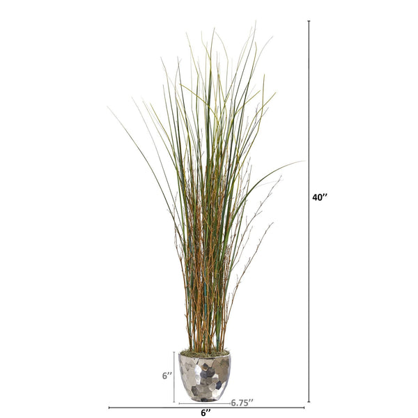 40” Grass and Bamboo Artificial Plant in Designer Silver Bowl