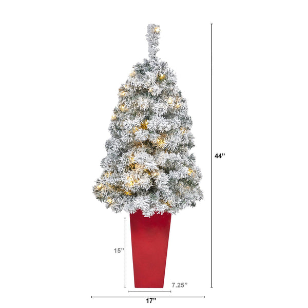 44” Flocked Rock Springs Spruce Artificial Christmas Tree with 50 Clear LED Lights in Red Tower Planter