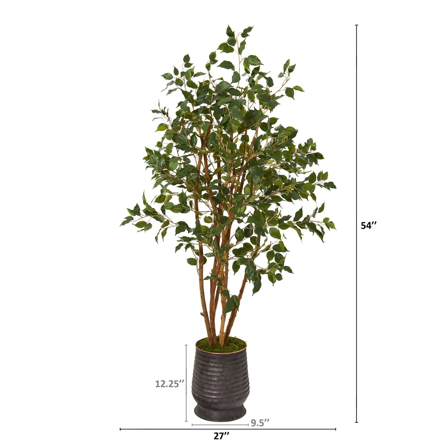 4.5’ Ficus Artificial Tree in Ribbed Metal Planter | Nearly Natural