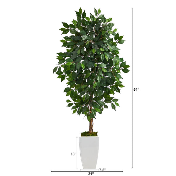 4.5’ Ficus Artificial Tree in White Metal Planter | Nearly Natural