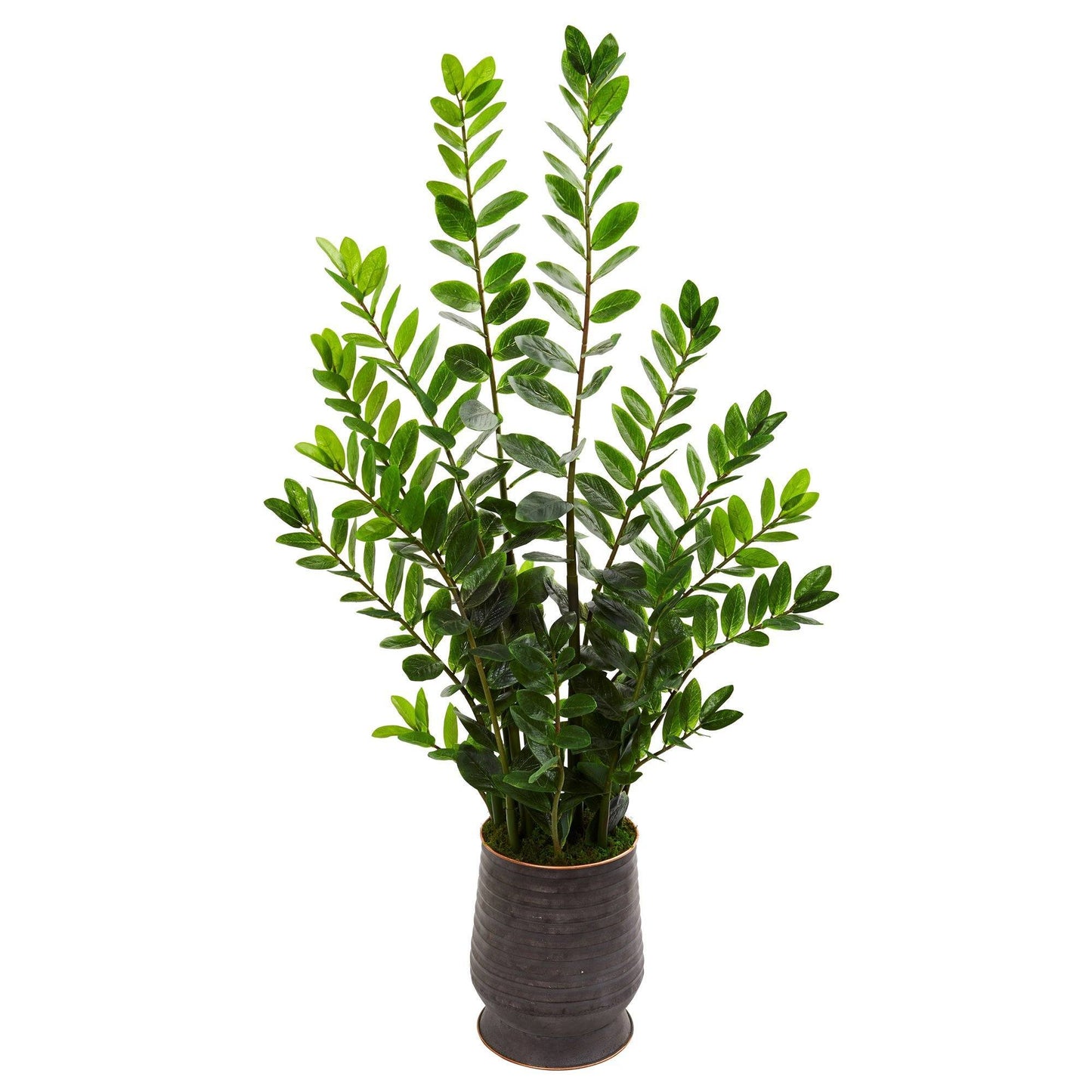 4.5’ Zamioculcas Artificial Plant in Ribbed Metal Planter | Nearly Natural