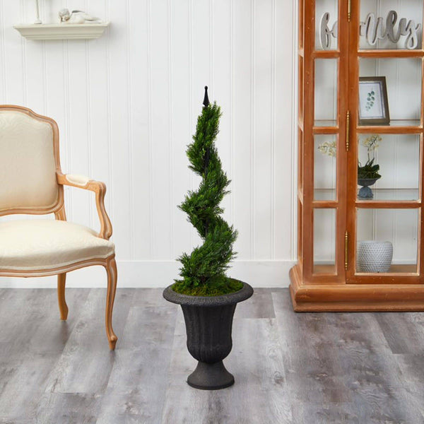 46” Cypress Spiral Topiary Artificial Tree in Charcoal Urn