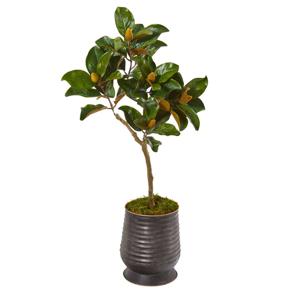 46” Magnolia Leaf Artificial Tree in Ribbed Metal Planter | Nearly Natural