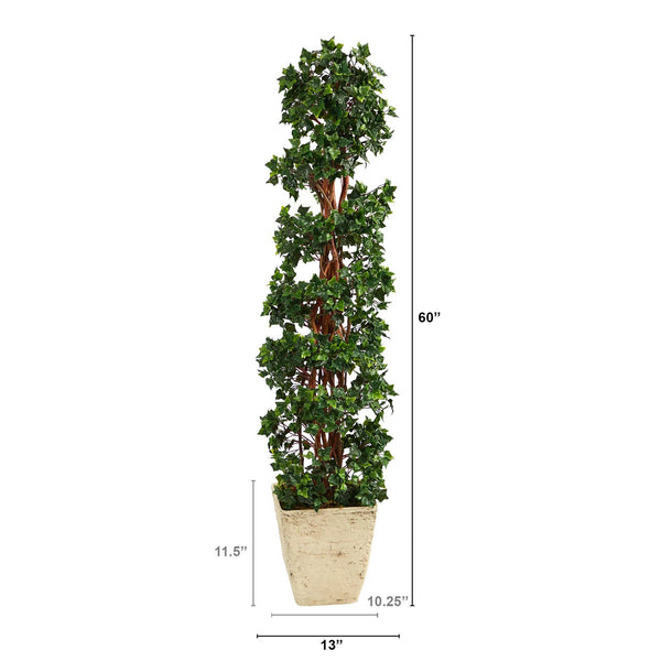 5’ English Ivy Topiary Spiral Artificial Tree in Country White Planter (Indoor/Outdoor)