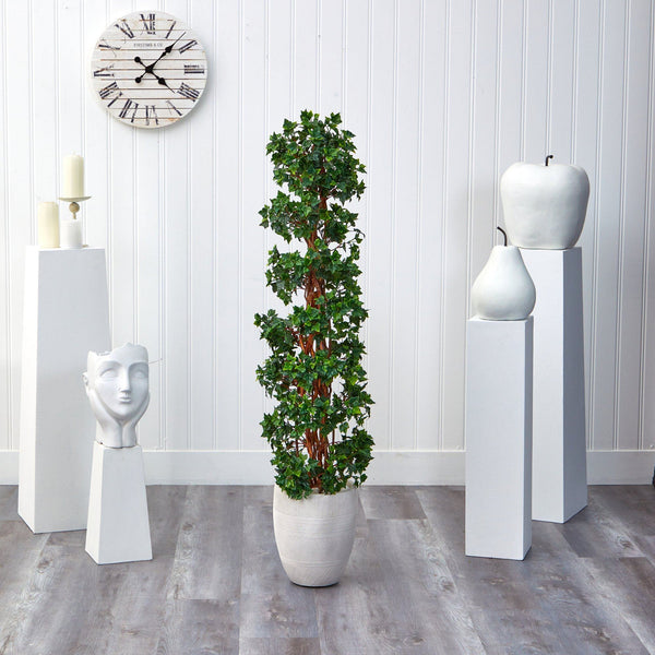 5’ English Ivy Topiary Spiral Artificial Tree in White Planter (Indoor/Outdoor)