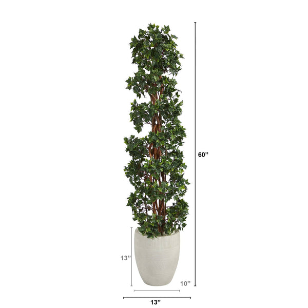 5’ English Ivy Topiary Spiral Artificial Tree in White Planter (Indoor/Outdoor)