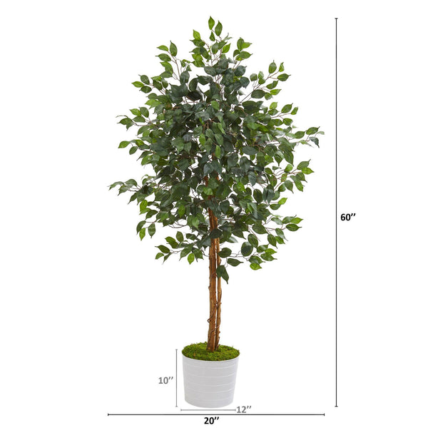 5’ Ficus Artificial Tree in White Tin Planter | Nearly Natural