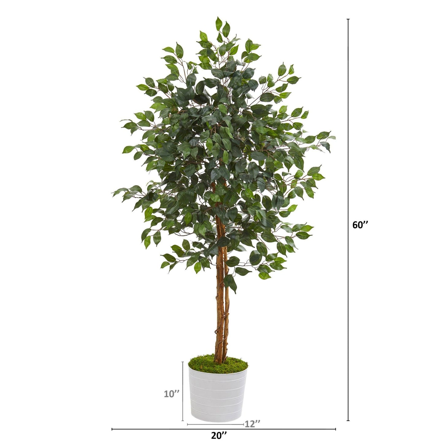5’ Ficus Artificial Tree in White Tin Planter | Nearly Natural