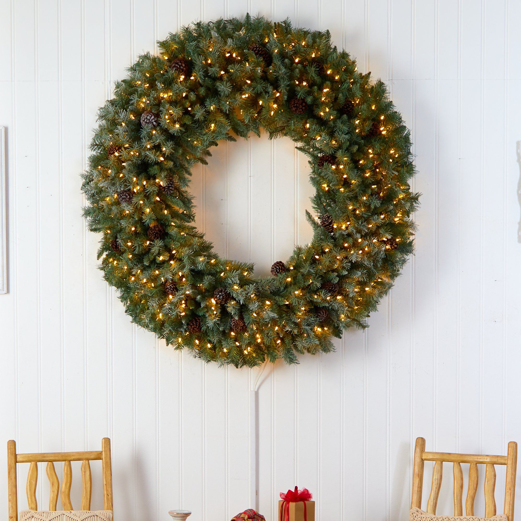 Flocked LED Wreath 24Inches Burlap ornaments, hot Pine cones, plaid ornaments, natural accents!