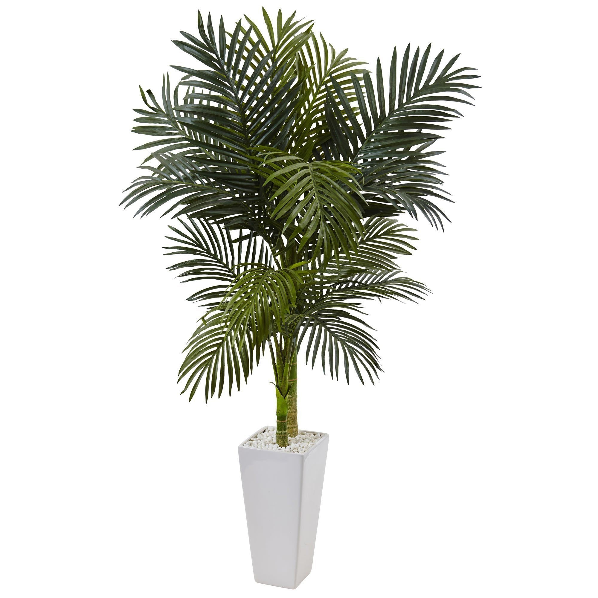 5’ Golden Cane Palm Tree in White Tower Planter | Nearly Natural
