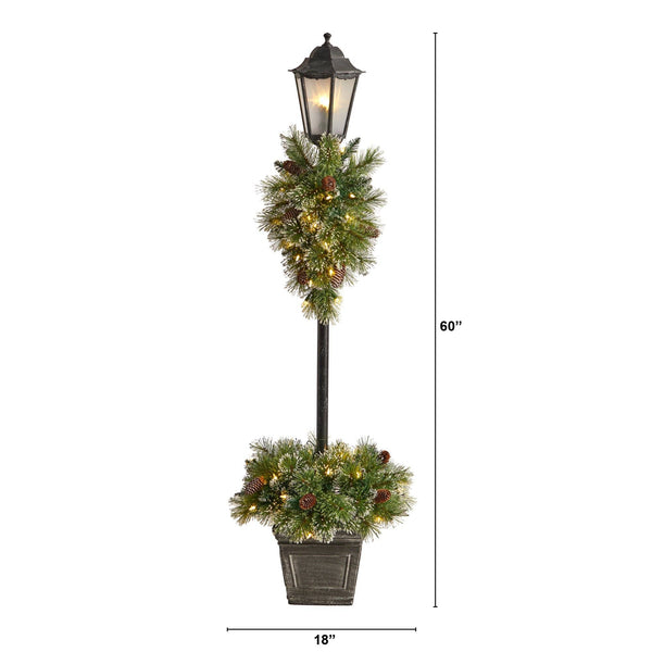 5’ Holiday Pre-lit Decorated Lamp Post with Artificial Greenery, Decorative Container & 50 LED Lights