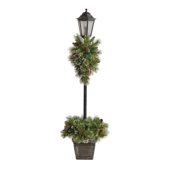 5’ Holiday Pre-lit Decorated Lamp Post with Artificial Greenery, Decorative Container & 50 LED Lights