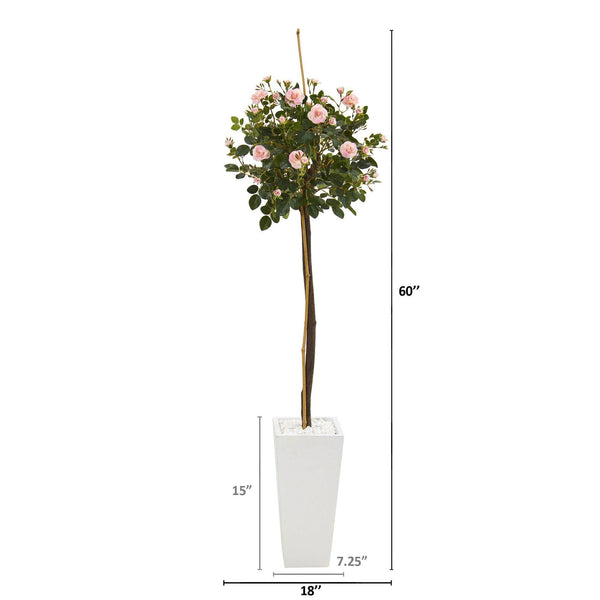 5’ Rose Topiary Artificial Tree in White Planter