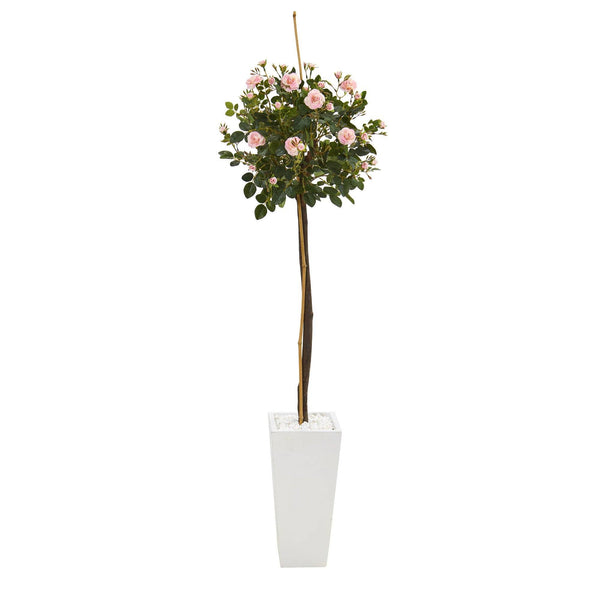 5’ Rose Topiary Artificial Tree in White Planter