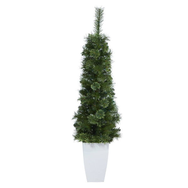 50” Green Pencil Artificial Christmas Tree with 100 Clear (Multifunction) LED Lights and 140 Bendable Branches in White Metal Planter