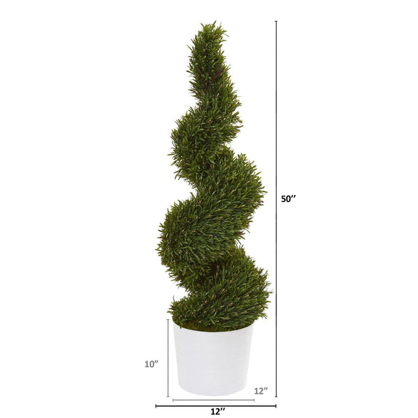 50” Rosemary Spiral Topiary Artificial Tree in White Planter (Indoor/Outdoor)