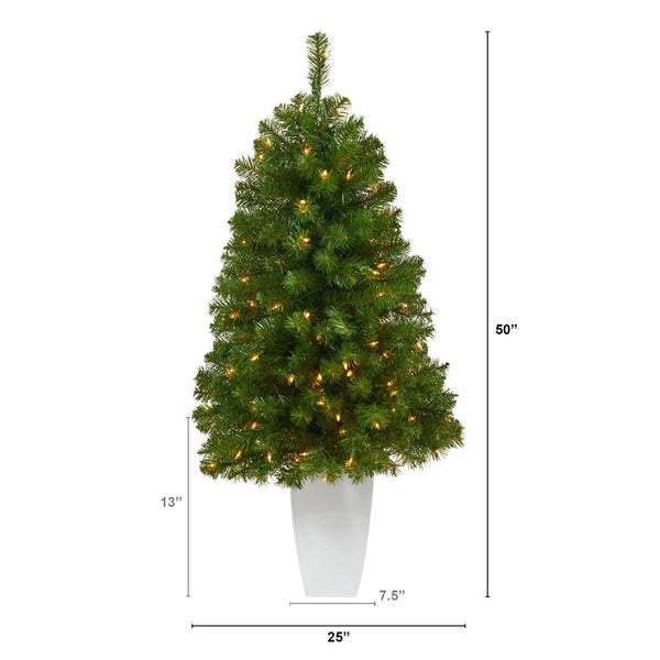 50” Virginia Fir Artificial Christmas Tree with 100 Clear Lights and 223 Bendable Branches in White Metal Planter