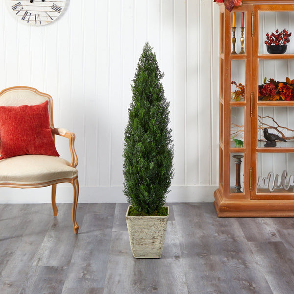 51” Cedar Artificial Tree in Country White Planter (Indoor/Outdoor)