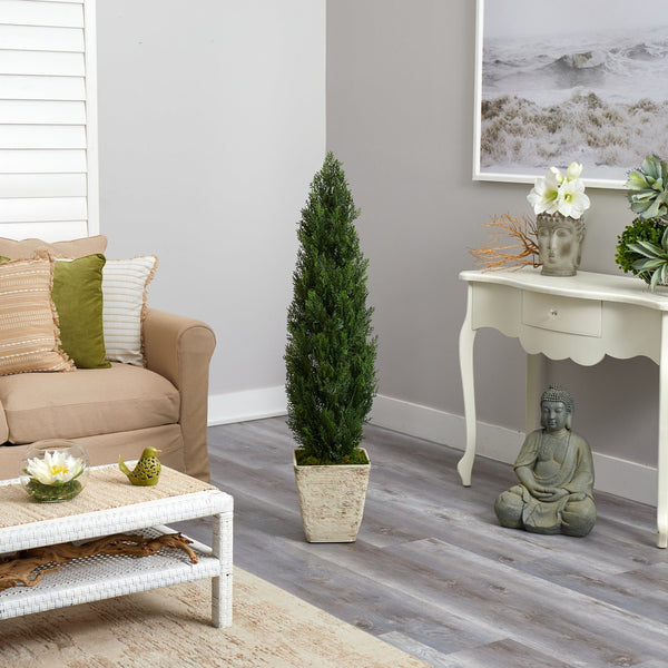 51” Cedar Artificial Tree in Country White Planter (Indoor/Outdoor)