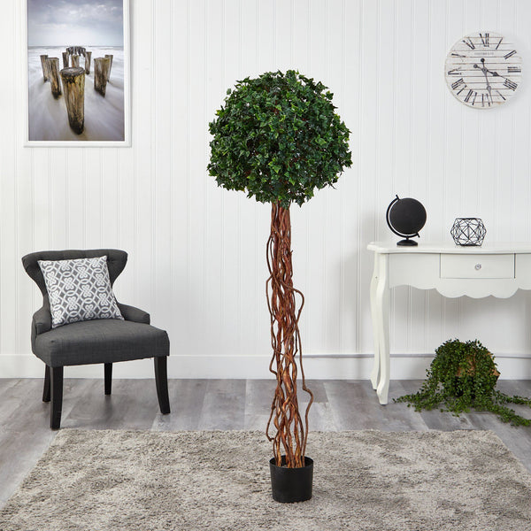 5.5’ English Ivy Single Ball Artificial Topiary Tree with Natural Trunk UV Resistant (Indoor/Outdoor)