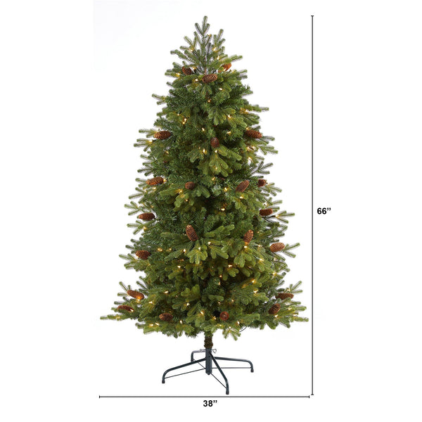 5.5’ Yukon Mountain Fir Artificial Christmas Tree with 250 Clear Lights, Pine Cones and 800 Bendable Branches