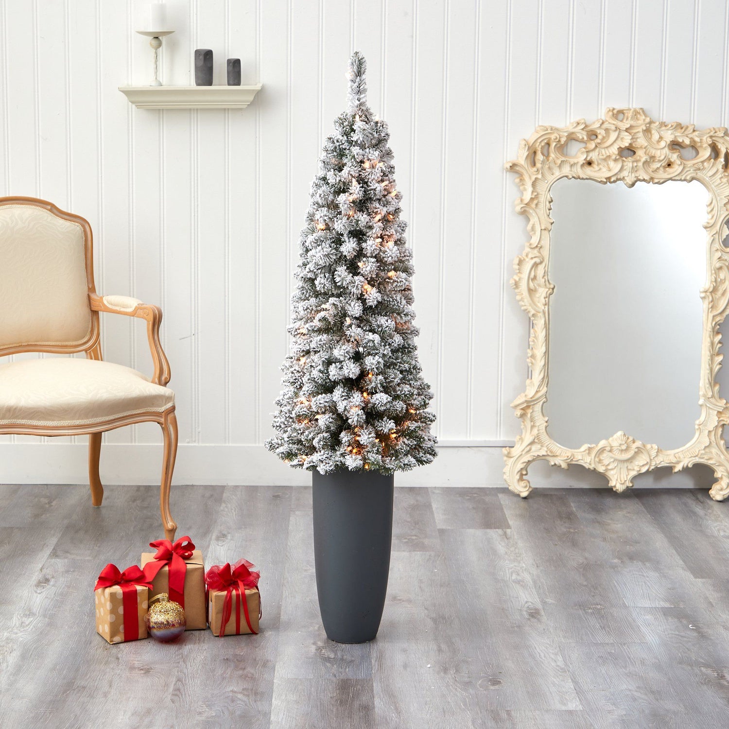 56” Flocked Pencil Artificial Christmas Tree with 100 Clear Lights and 216 Bendable Branches in Gray Planter