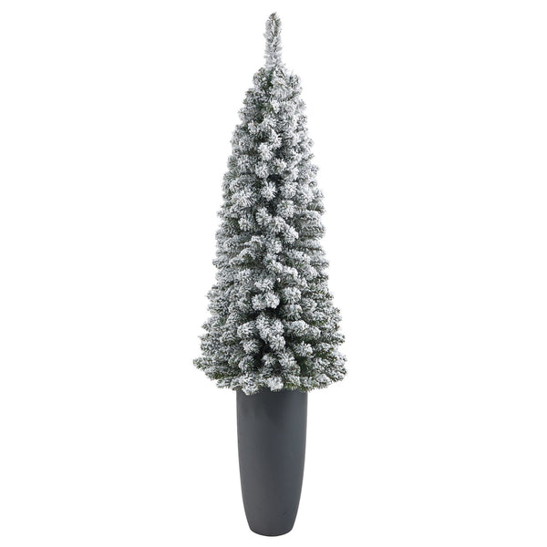 56” Flocked Pencil Artificial Christmas Tree with 100 Clear Lights and 216 Bendable Branches in Gray Planter