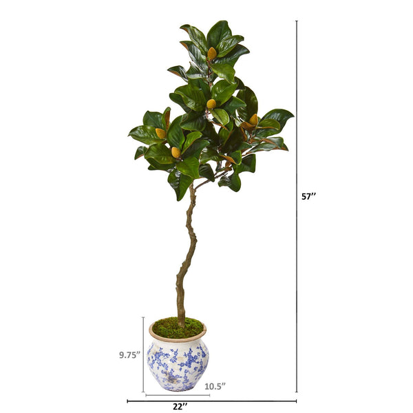 57” Magnolia Artificial Tree in Vintage Floral Planter