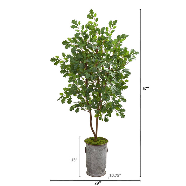 57” Oak Artificial Tree in Vintage Metal Planter | Nearly Natural