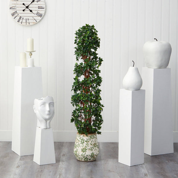 58” English Ivy Topiary Spiral Artificial Tree in Floral Print Planter (Indoor/Outdoor)