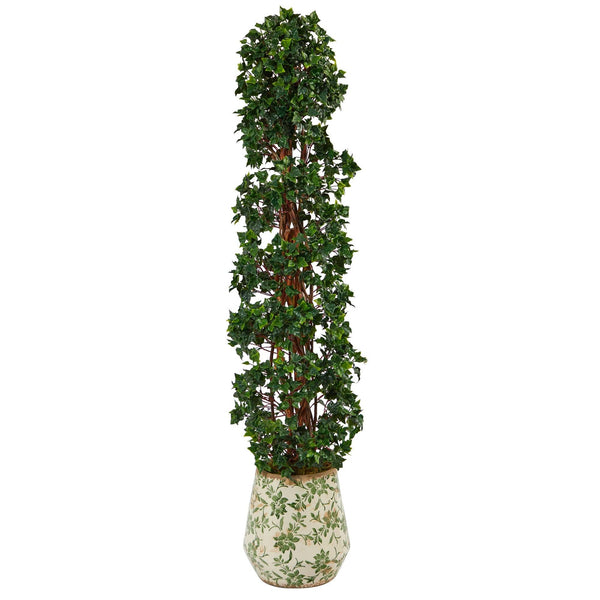 58” English Ivy Topiary Spiral Artificial Tree in Floral Print Planter (Indoor/Outdoor)