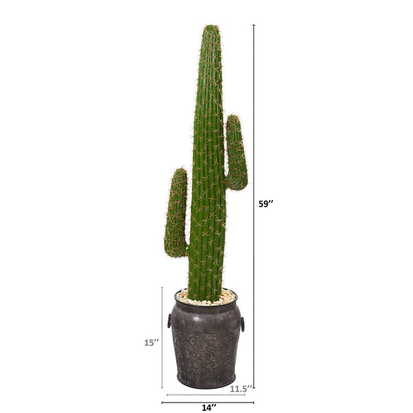 59” Cactus Artificial Plant in Metal Planter