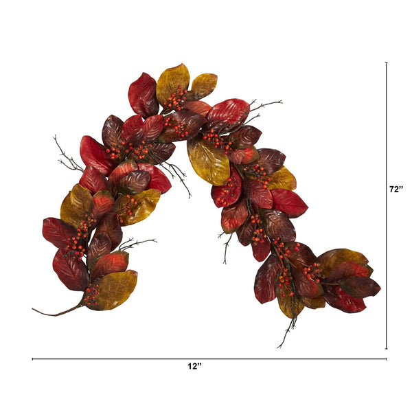 6’ Autumn Magnolia Leaf with Berries Artificial Garland