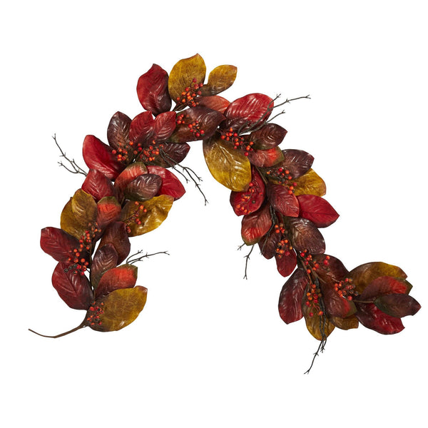 6’ Autumn Magnolia Leaf with Berries Artificial Garland