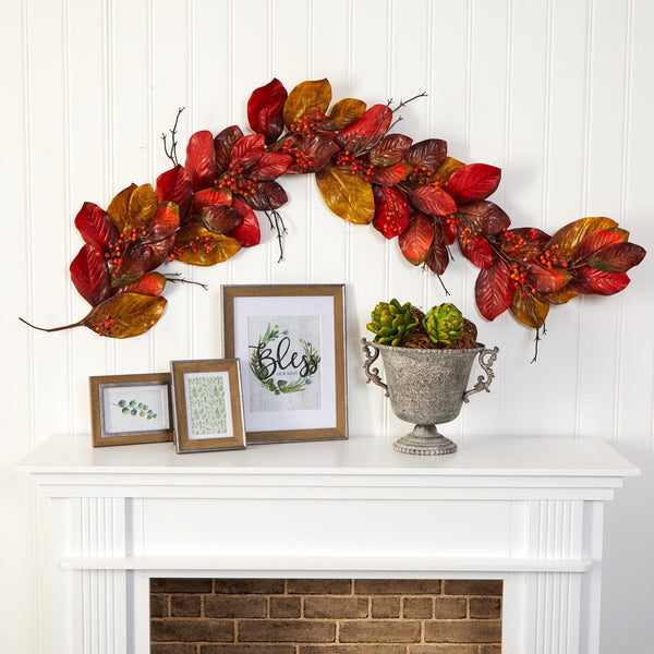 6’ Autumn Magnolia Leaf with Berries Artificial Garland