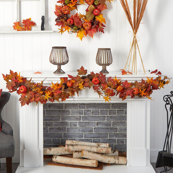 6’ Autumn Maple Leaf, Pumpkin, Gourd and Berry Artificial Fall Garland ...