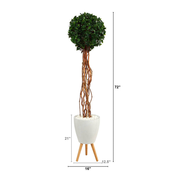 6’ English Ivy Single Ball Artificial Topiary Tree in White Planter with Stand (Indoor/Outdoor)