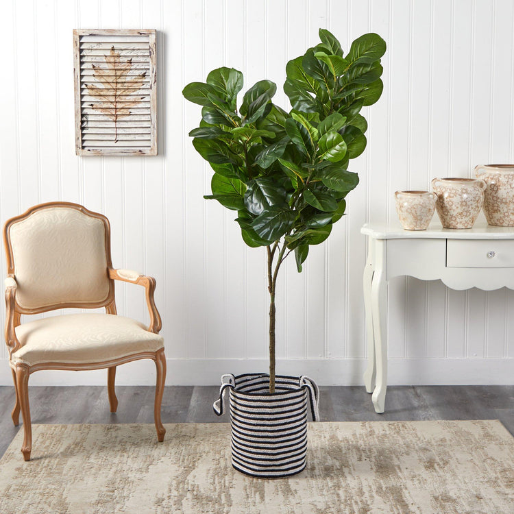 6’ Fiddle Leaf Fig Artificial Tree in Handmade Black and White Natural ...