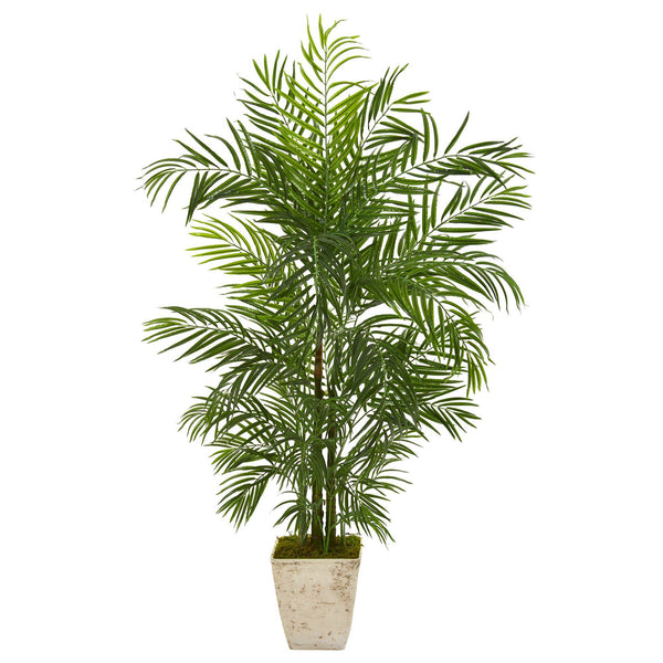 63” Areca Artificial Palm Tree in Country White Planter UV Resistant ...