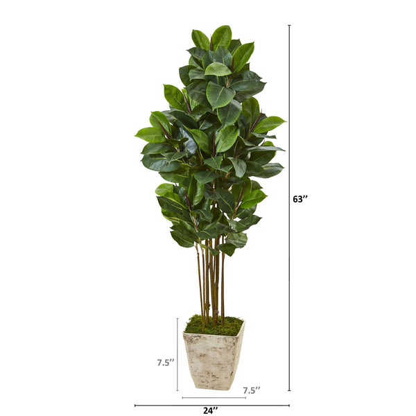 63” Rubber Leaf Artificial Tree in Country White Planter | Nearly Natural