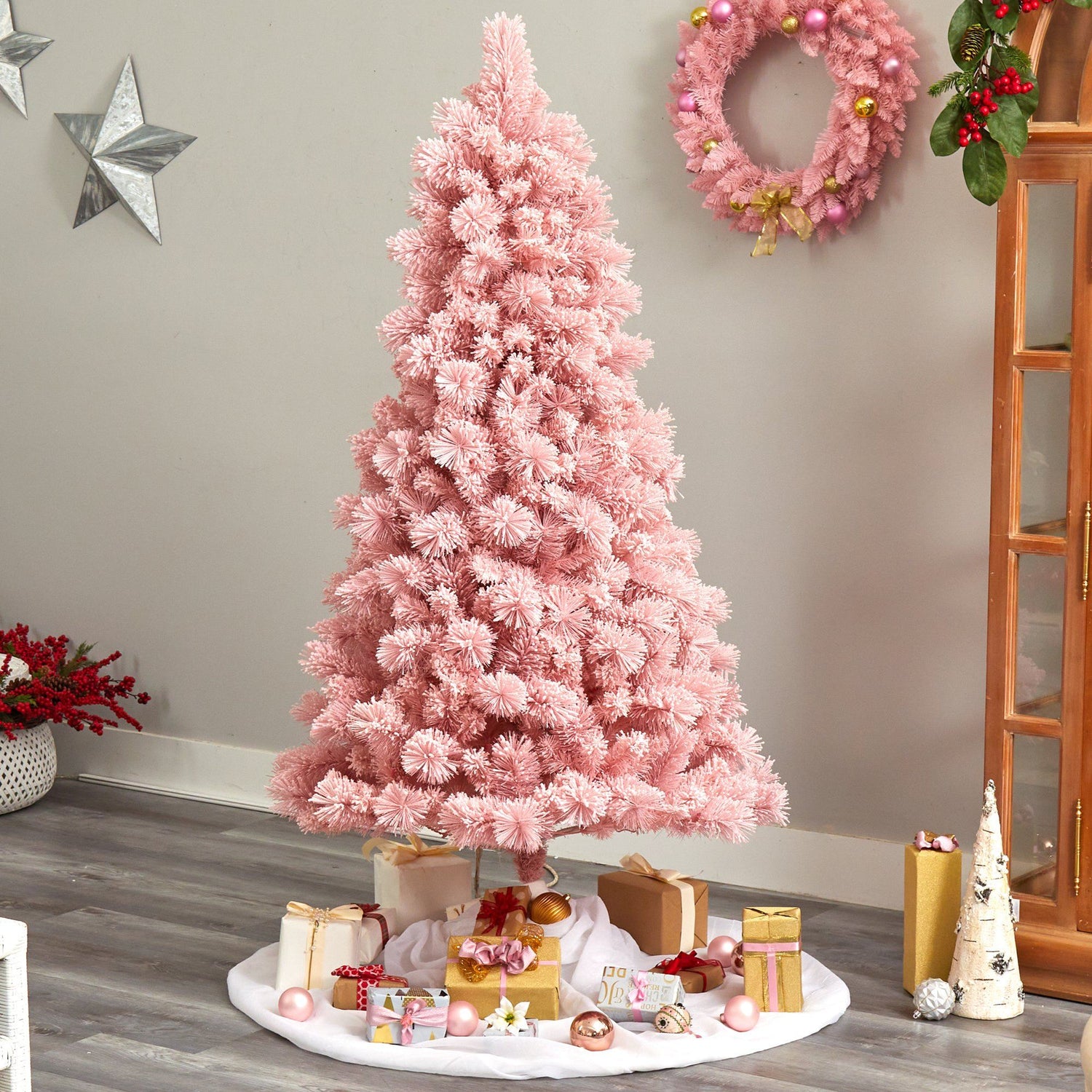 pink christmas lights on tree
