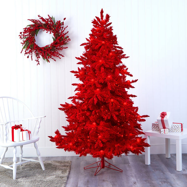 7' Red Flocked Fraser Fir Artificial Christmas Tree with 500 Red Lights, 40 Globe Bulbs and 1039 Bendable Branches