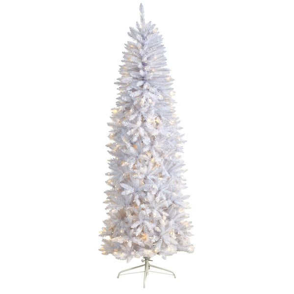 7’ Slim White Artificial Christmas Tree with 300 Warm White LED Lights and 955 Bendable Branches