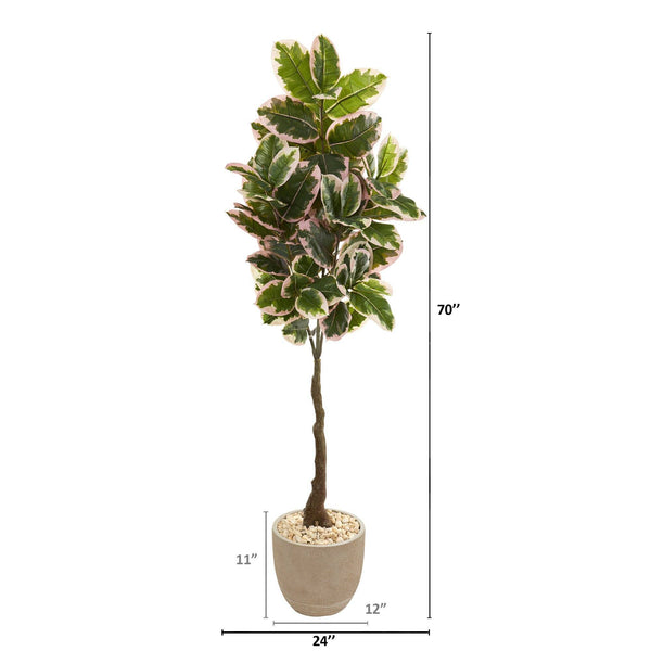 70” Variegated Rubber Leaf Artificial Tree in Sandstone Planter (Real Touch)